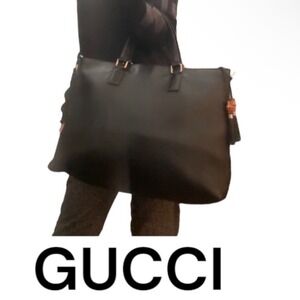 Gucci Bamboo Tassel Shopper Tote Dark Brown Pebbled Leather Handbag Shoulder Bag